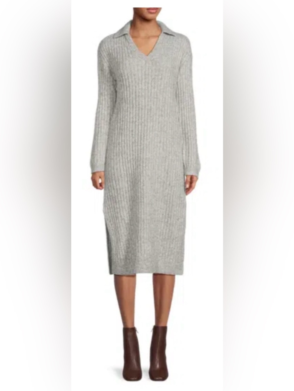 Saks Fifth Avenue Light Gray Ribbed V‑Neck Collared Midi Dress